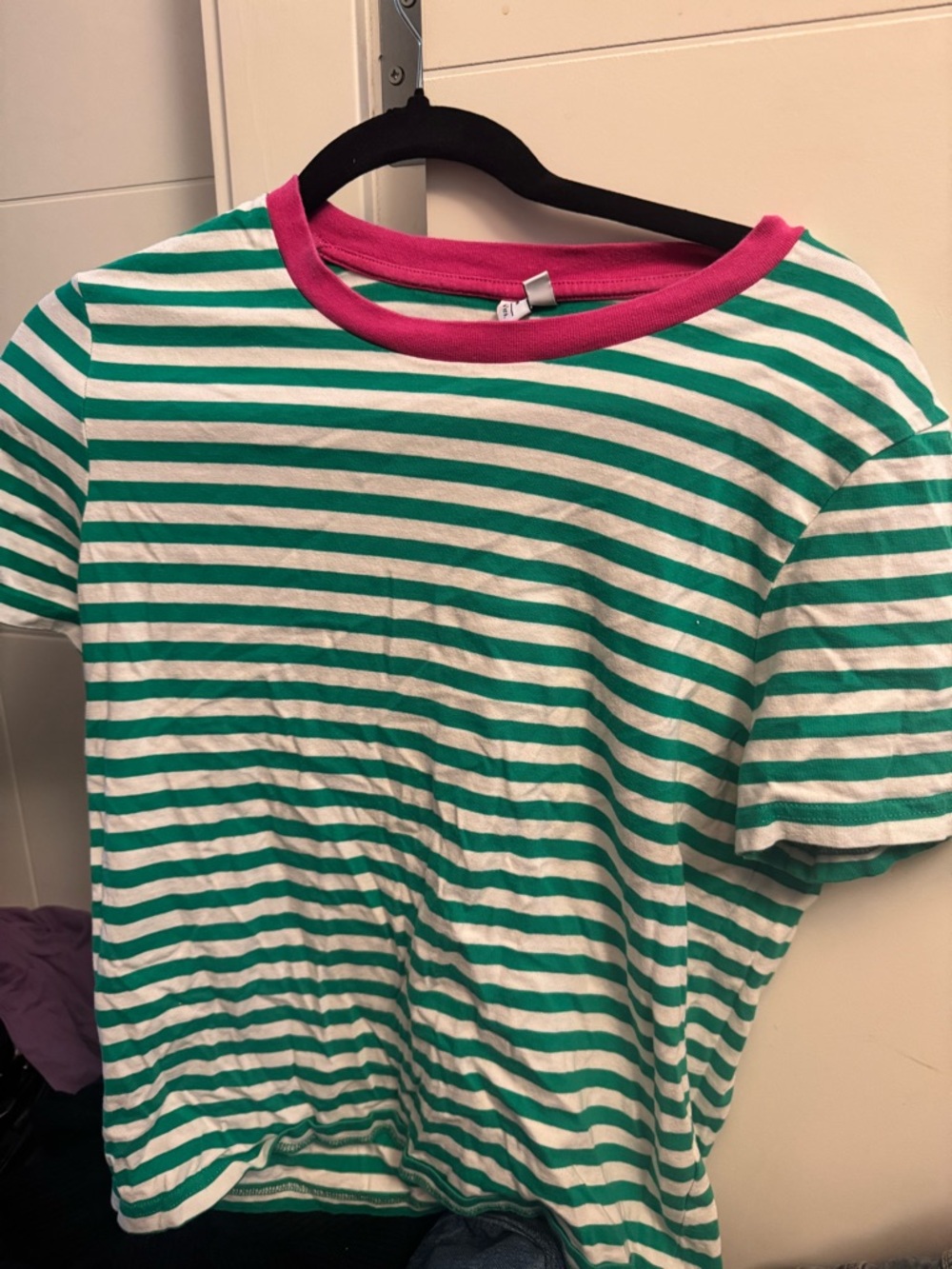 Paris ateller Green and White Striped Tee with Pink Neckline